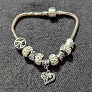 Silver Tone White Clear Rhinestone Heart Peace Sign Butterfly Charm Bracelet